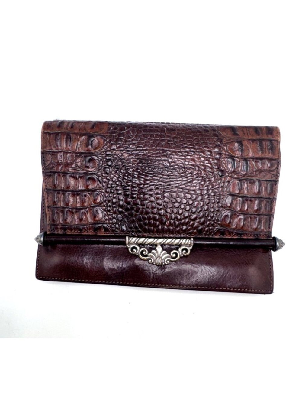 Vintage Brighton Brown Leather Crocodile Embossed Clutch Purse Wallet Silver Ton